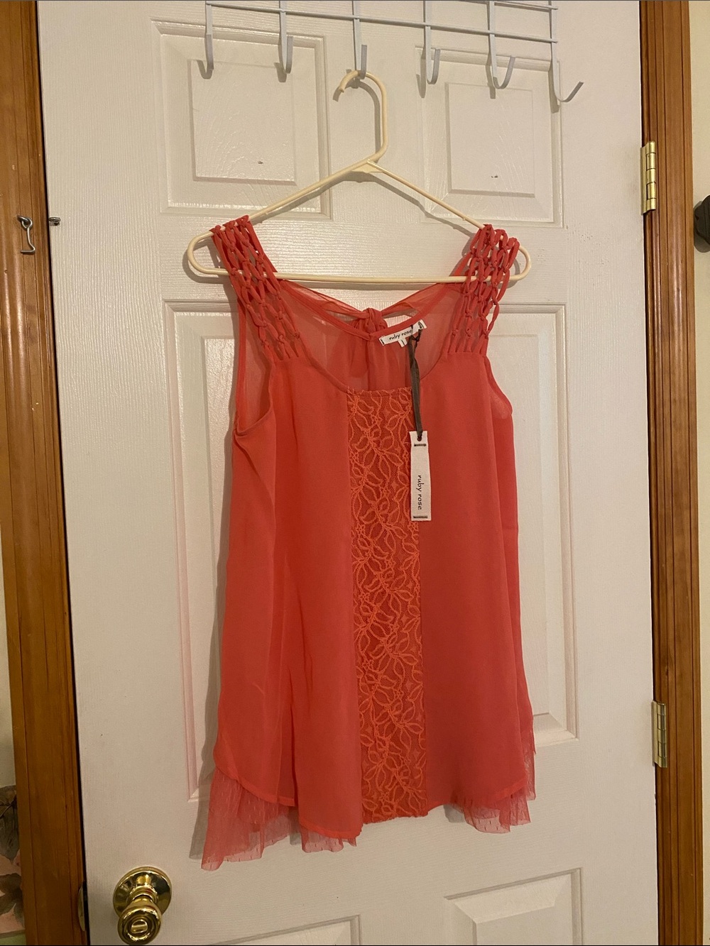Ruby Rose Sleeveless Coral Lace-Front Camisole with Braided Straps